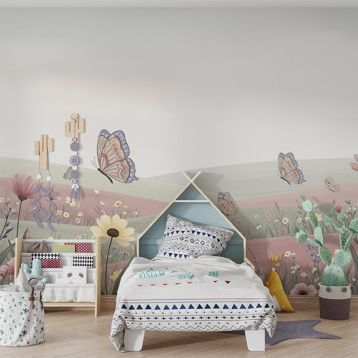 Lastenhuoneen tapetti | Vaaleanpastellinen kukkaniitty värikkäillä perhosilla