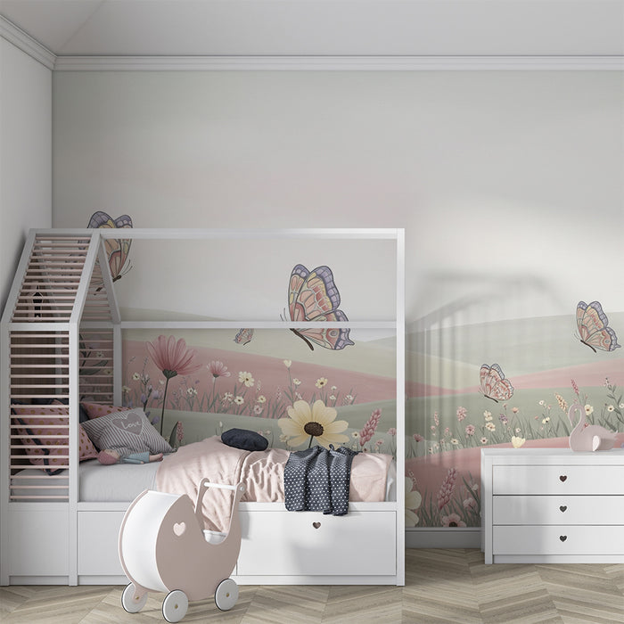 Lastenhuoneen tapetti | Vaaleanpastellinen kukkaniitty värikkäillä perhosilla
