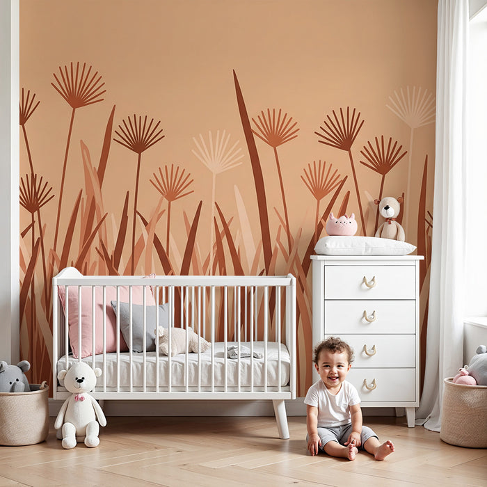 Nursery room wallpaper | Field of stylized flowers in terracotta tones
