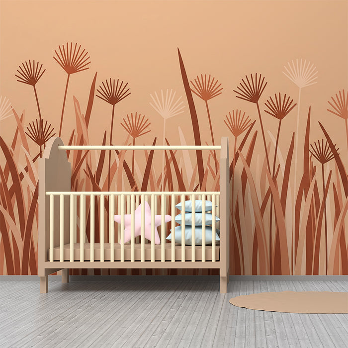 Nursery room wallpaper | Field of stylized flowers in terracotta tones