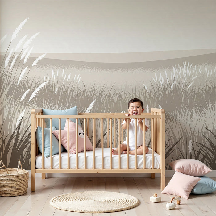 Papier peint chambre bébé | Champ de graminées douces en tons neutres