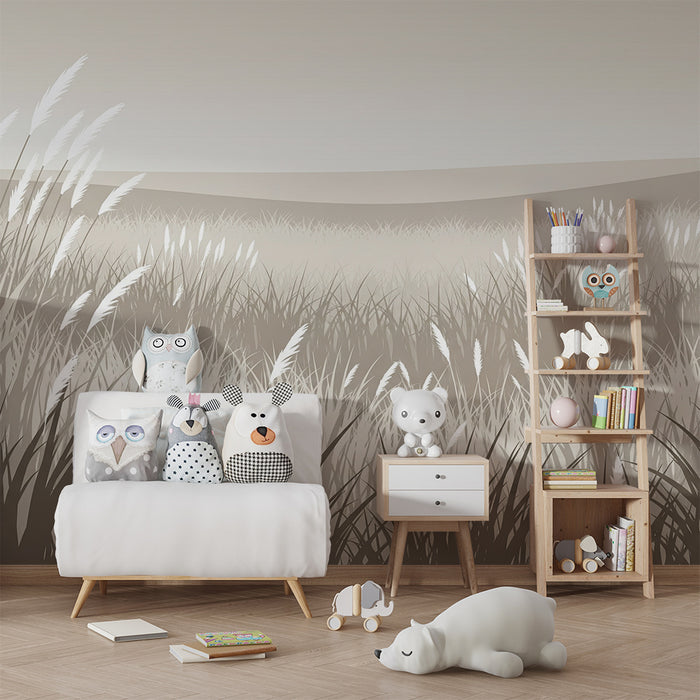 Papier peint chambre bébé | Champ de graminées douces en tons neutres