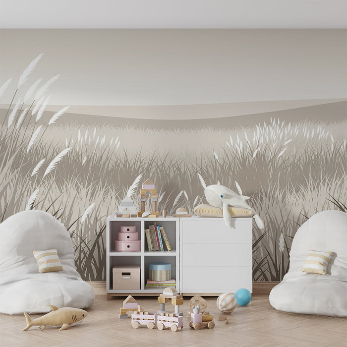Papier peint chambre bébé | Champ de graminées douces en tons neutres