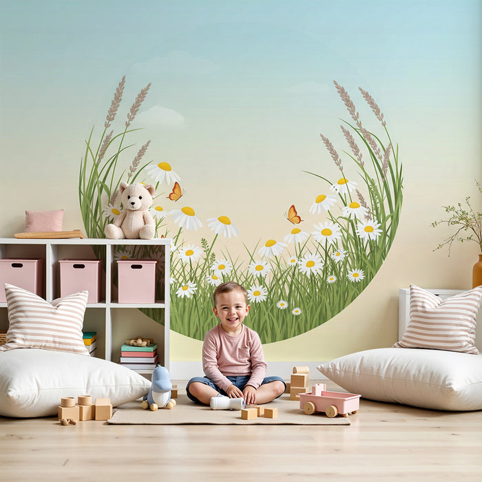 Papel de parede quarto bebê | Polje marjetic in metuljev v umirjeni dekoraciji