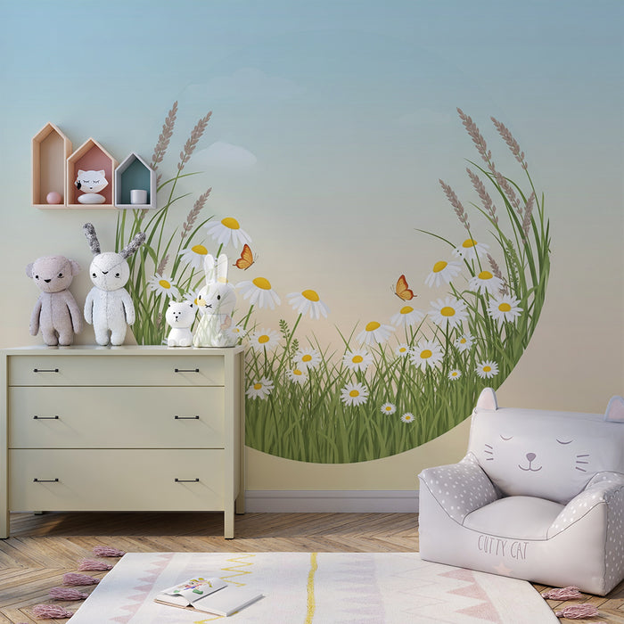 Papel de parede quarto bebê | Polje marjetic in metuljev v umirjeni dekoraciji