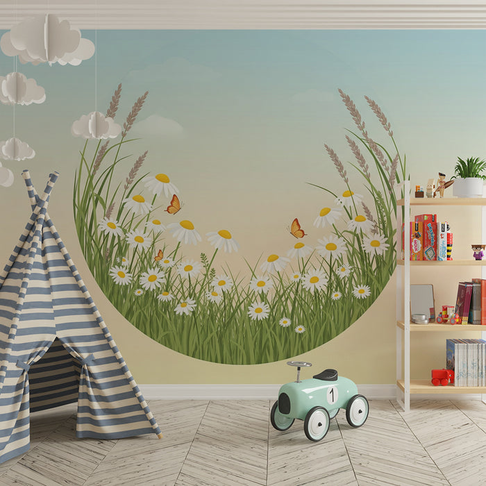 Papel de parede quarto bebê | Polje marjetic in metuljev v umirjeni dekoraciji