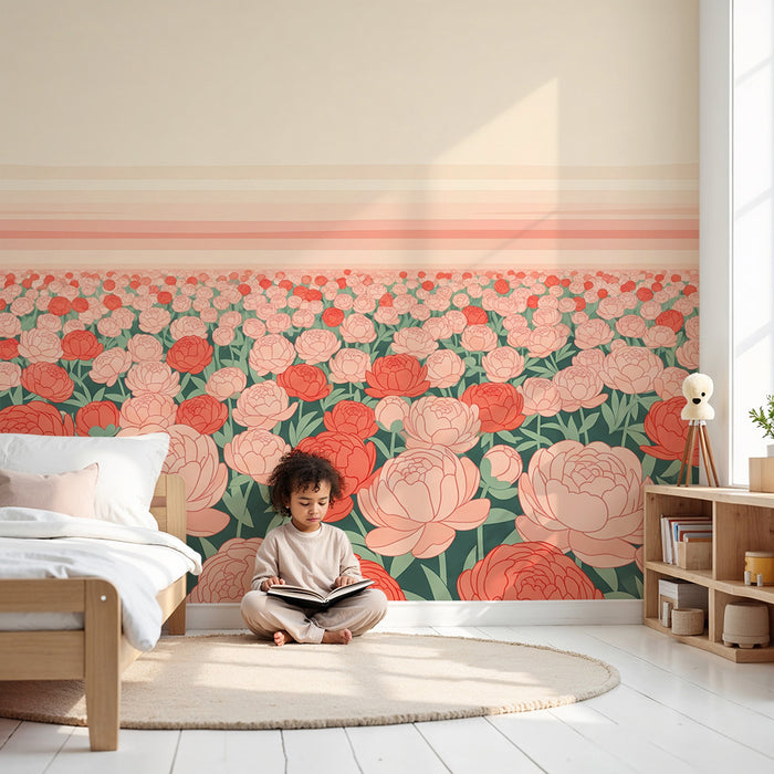 Barnetapet | Bløte nyanser av peoner i et blomstereng