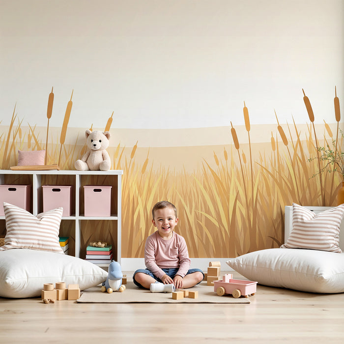 Nursery room wallpaper | Field of golden reeds under a peaceful sky