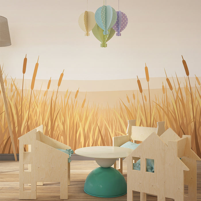 Nursery room wallpaper | Field of golden reeds under a peaceful sky