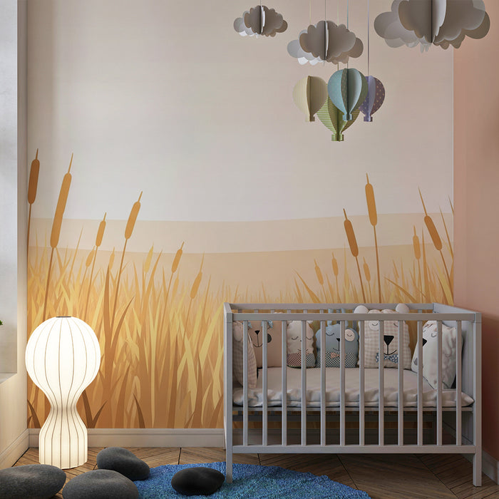 Nursery room wallpaper | Field of golden reeds under a peaceful sky