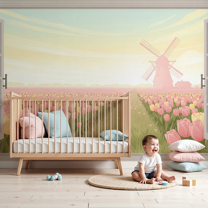 Papier peint chambre bébé | Champ de tulipes colorées avec moulin à vent