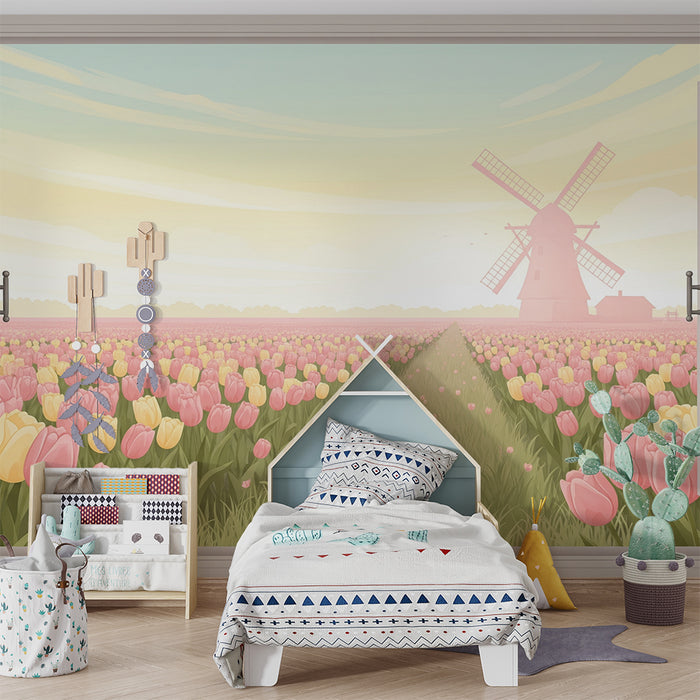 Papier peint chambre bébé | Champ de tulipes colorées avec moulin à vent