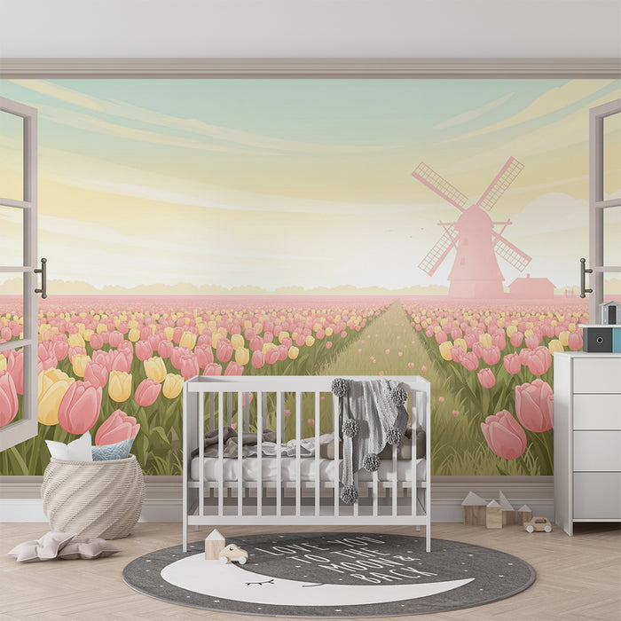 Papier peint chambre bébé | Champ de tulipes colorées avec moulin à vent