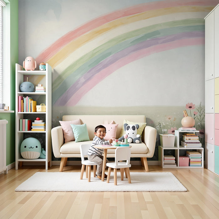 Tapet pentru camera de bebeluși | Câmpul înflorit sub un curcubeu pastel