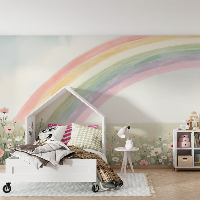 Tapet pentru camera de bebeluși | Câmpul înflorit sub un curcubeu pastel