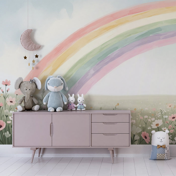 Tapet pentru camera de bebeluși | Câmpul înflorit sub un curcubeu pastel