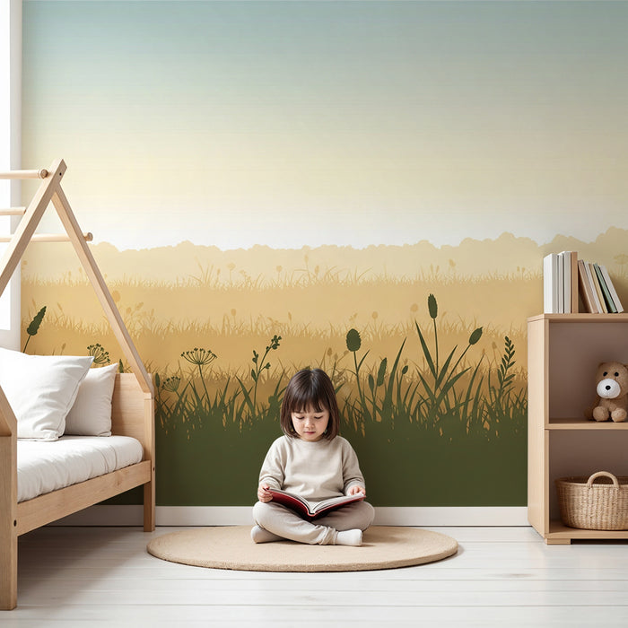 Nursery room wallpaper | Peaceful field with flowers and soft herbs