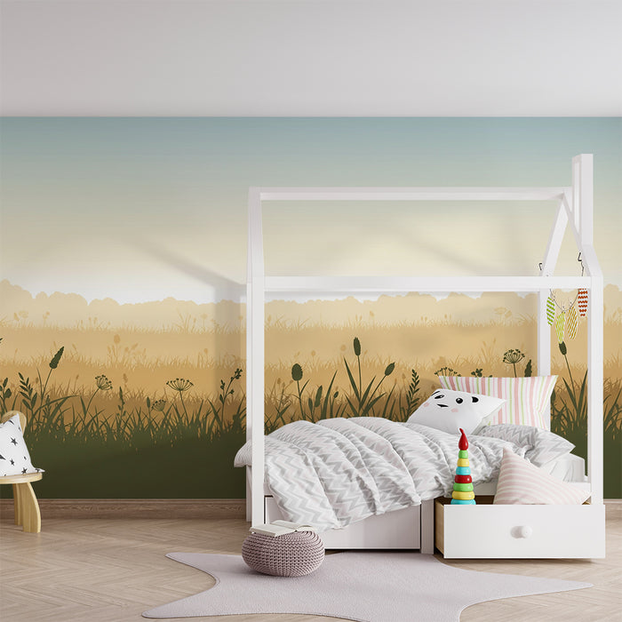 Nursery room wallpaper | Peaceful field with flowers and soft herbs