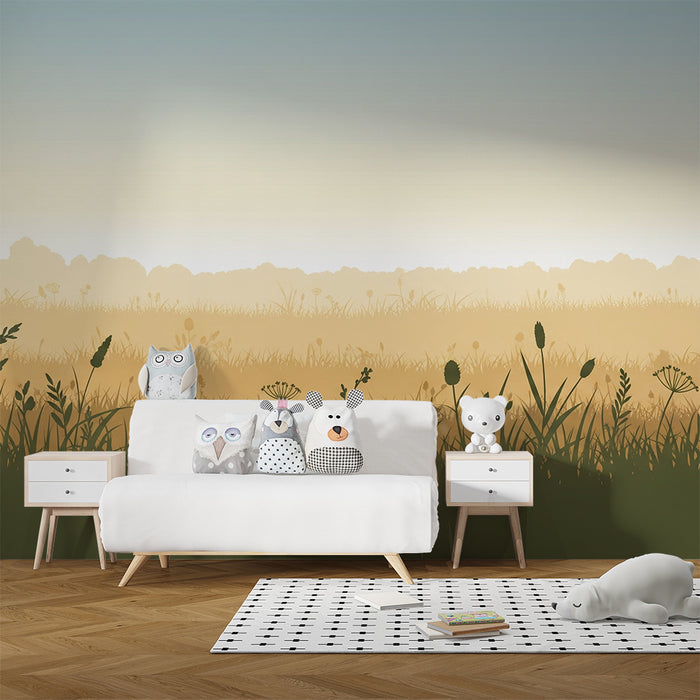 Nursery room wallpaper | Peaceful field with flowers and soft herbs