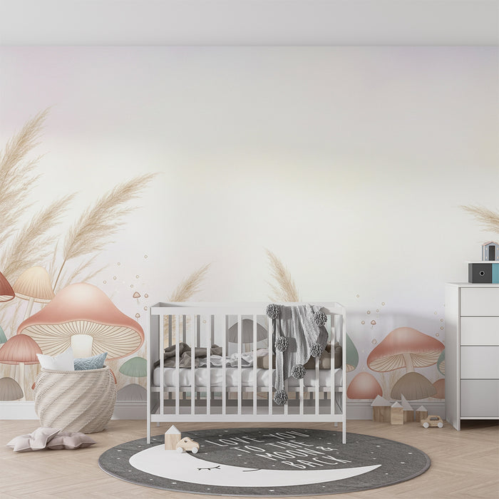 Lastenhuoneen tapetti | Lempeät sienet ja herkät yrtit pastellisävyissä