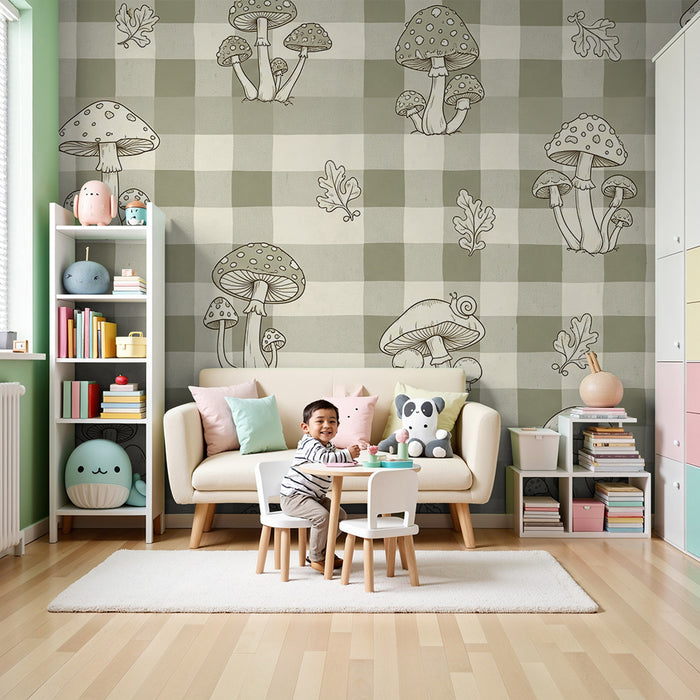 Baby nursery wallpaper | Mushrooms and foliage on a soft gingham background