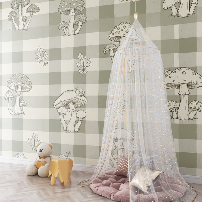 Baby nursery wallpaper | Mushrooms and foliage on a soft gingham background