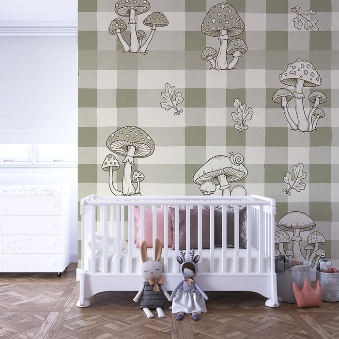 Baby nursery wallpaper | Mushrooms and foliage on a soft gingham background