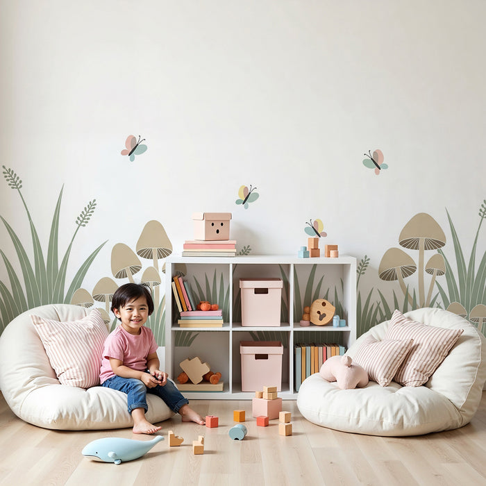 Papel de parede quarto bebê | Cogumelos e borboletas na natureza