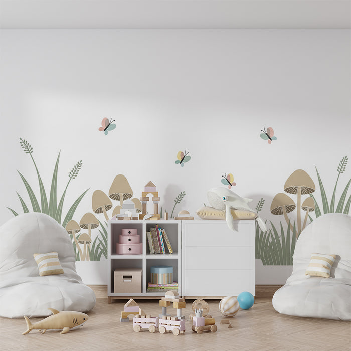 Papel de parede quarto bebê | Cogumelos e borboletas na natureza