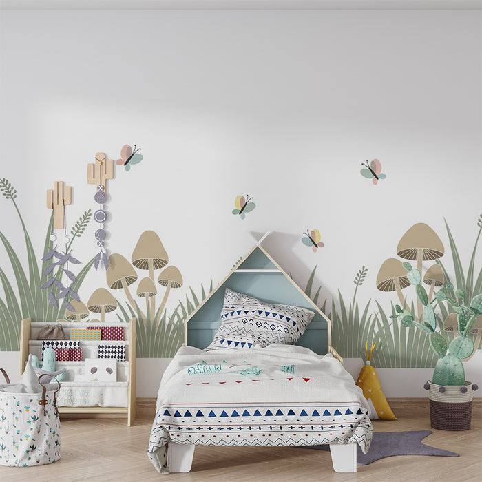 Papel de parede quarto bebê | Cogumelos e borboletas na natureza