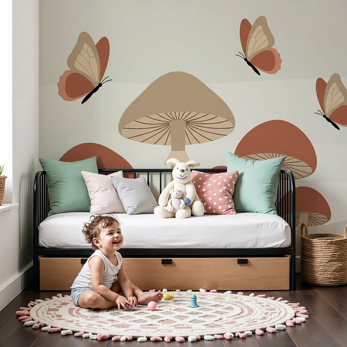 Papel de parede quarto bebê | Cogumelos e delicadas borboletas