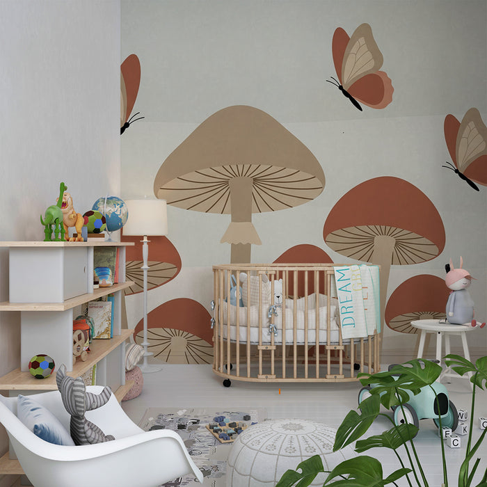 Papel de parede quarto bebê | Cogumelos e delicadas borboletas