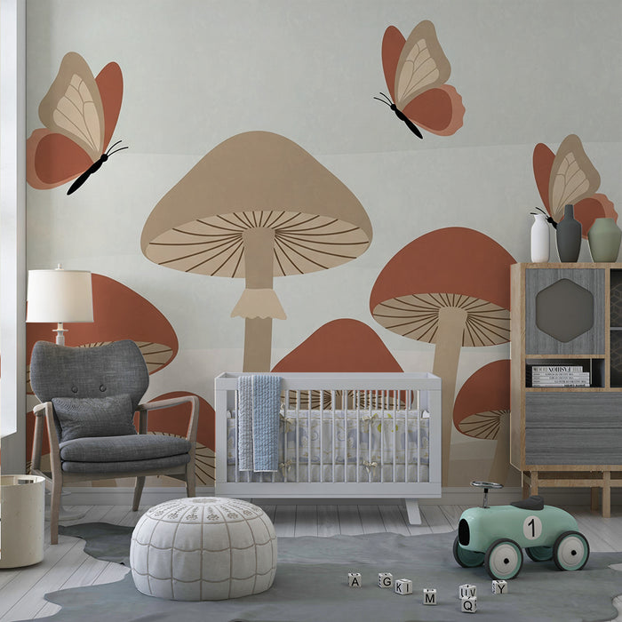 Papel de parede quarto bebê | Cogumelos e delicadas borboletas