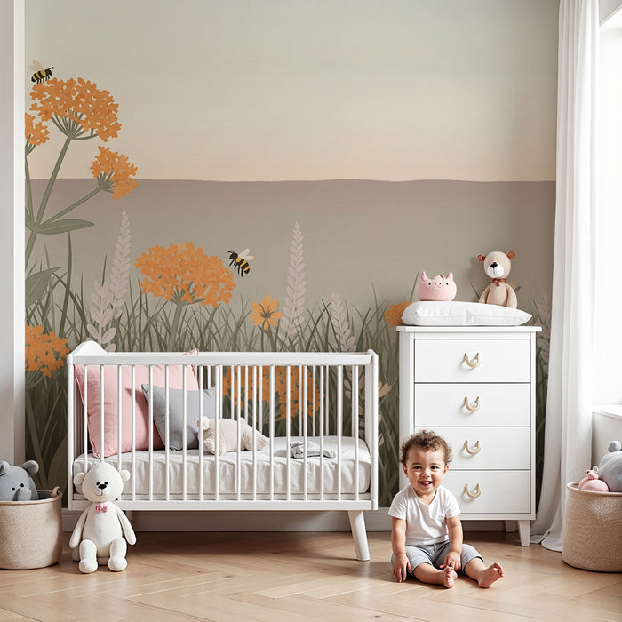 Papel de parede quarto bebê | Campos de flores e abelhas