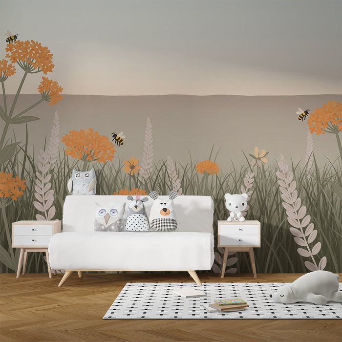 Papel de parede quarto bebê | Campos de flores e abelhas