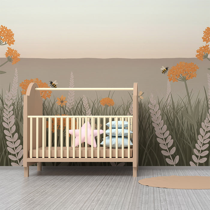 Papel de parede quarto bebê | Campos de flores e abelhas