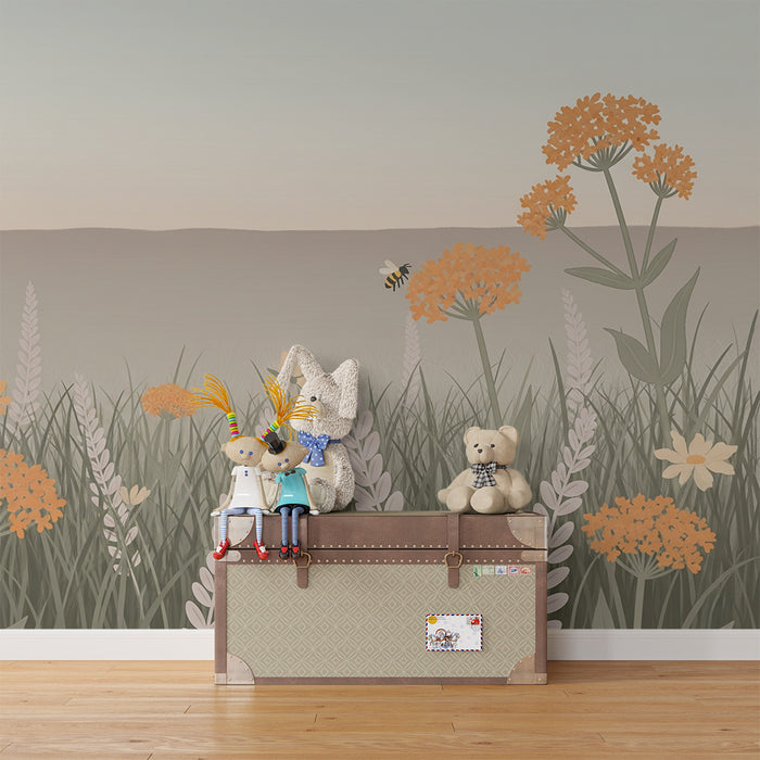 Papel de parede quarto bebê | Campos de flores e abelhas