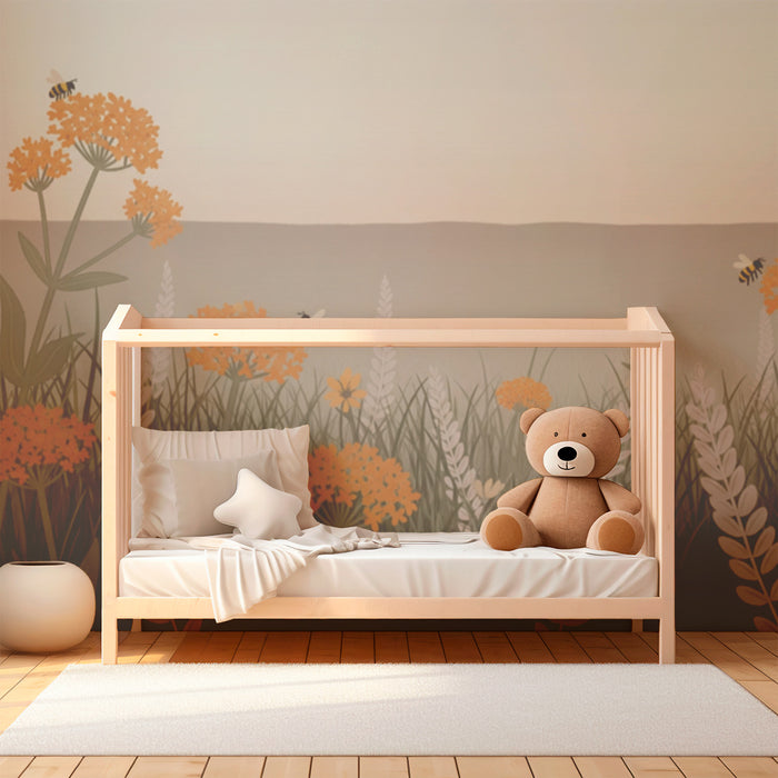Papel de parede quarto bebê | Campos de flores e abelhas