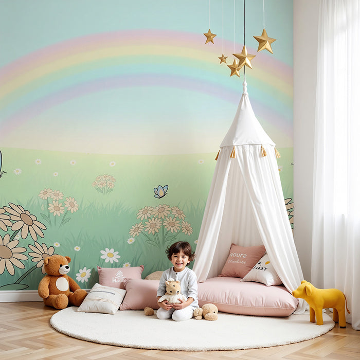 Babykamer behang | Velden met kleurrijke bloemen en vlinders