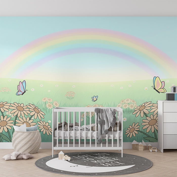 Babykamer behang | Velden met kleurrijke bloemen en vlinders