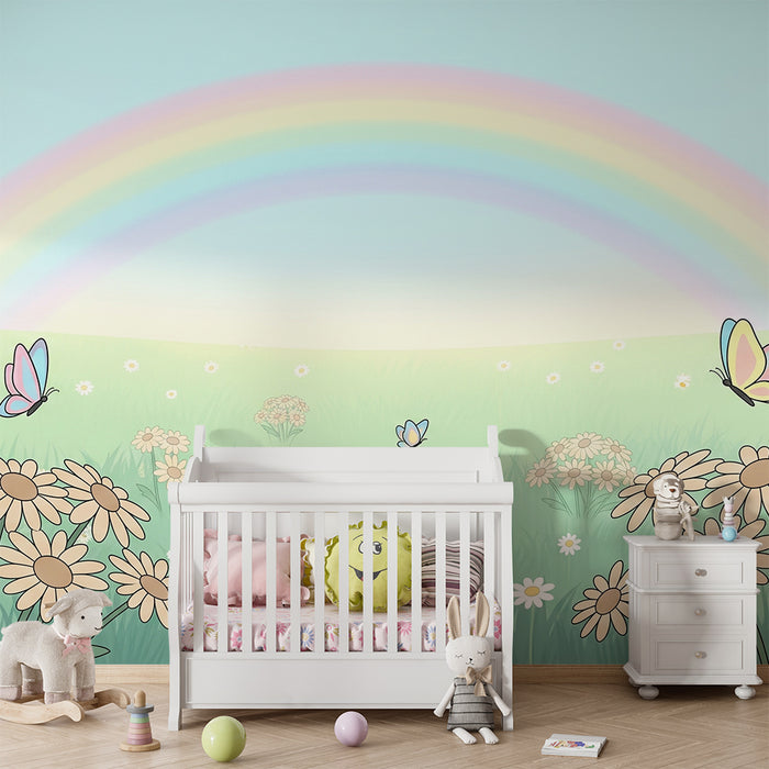 Babykamer behang | Velden met kleurrijke bloemen en vlinders