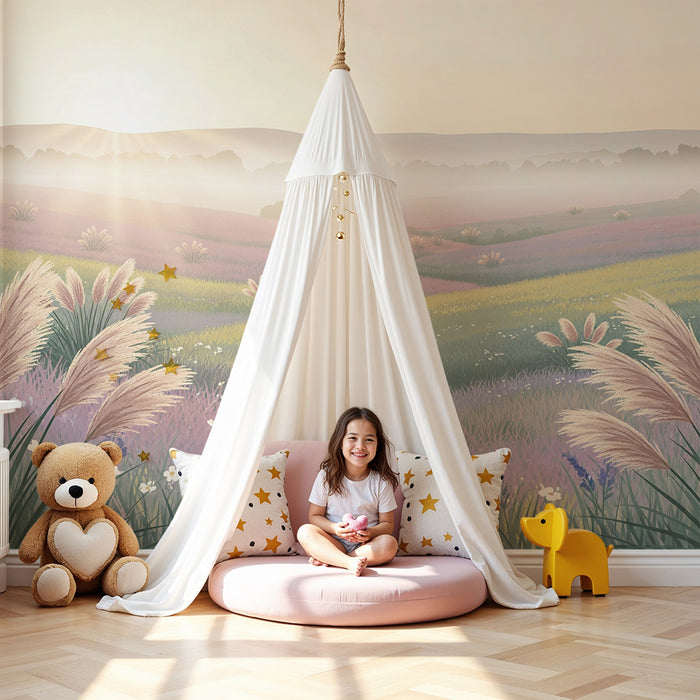 Papel pintado infantil | Campos de flores pastel al amanecer