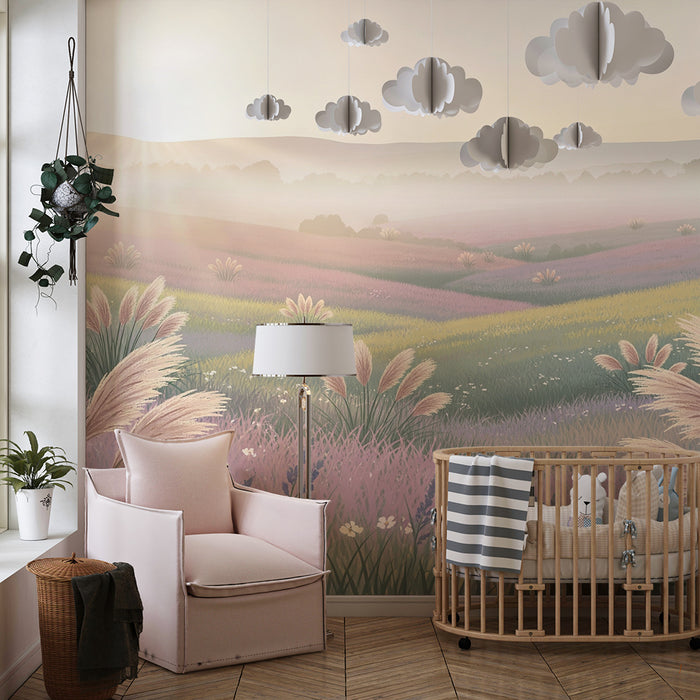 Papel pintado infantil | Campos de flores pastel al amanecer