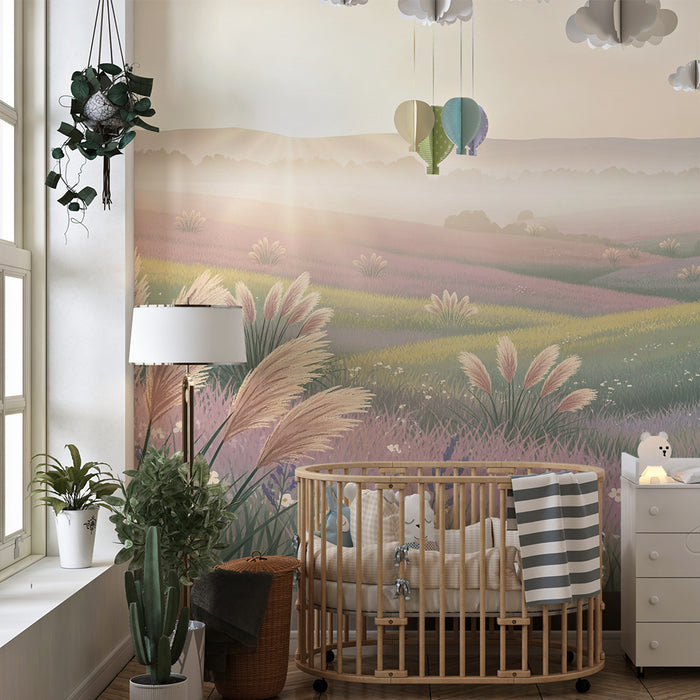Papel pintado infantil | Campos de flores pastel al amanecer