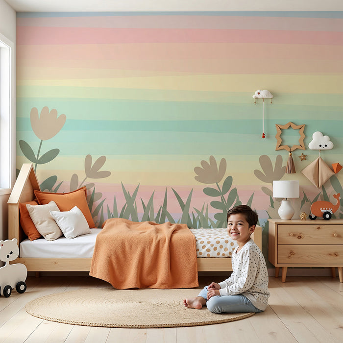 Barntapet | Pastellblommor och färgglad himmel