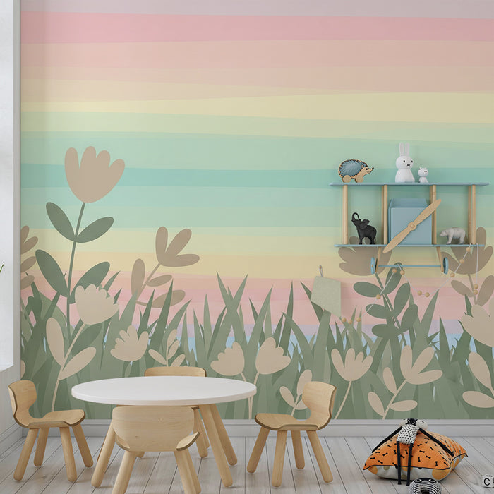 Barntapet | Pastellblommor och färgglad himmel