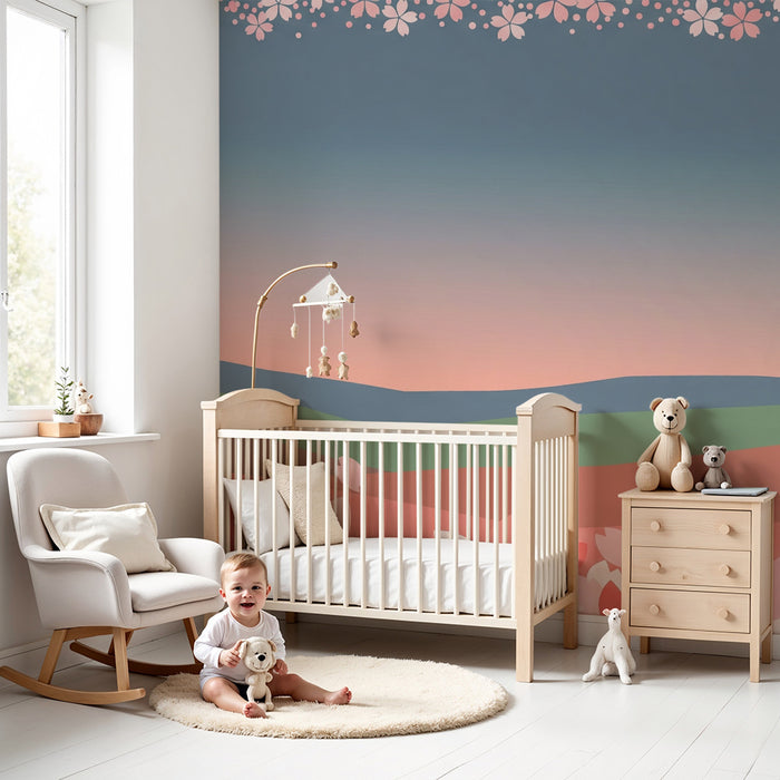 Lastenhuoneen tapetti | Vaaleanpastelliset kukkaniityt rauhoittavan taivaan alla