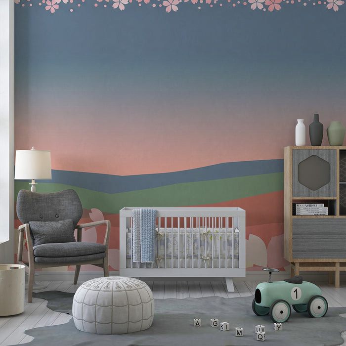 Lastenhuoneen tapetti | Vaaleanpastelliset kukkaniityt rauhoittavan taivaan alla