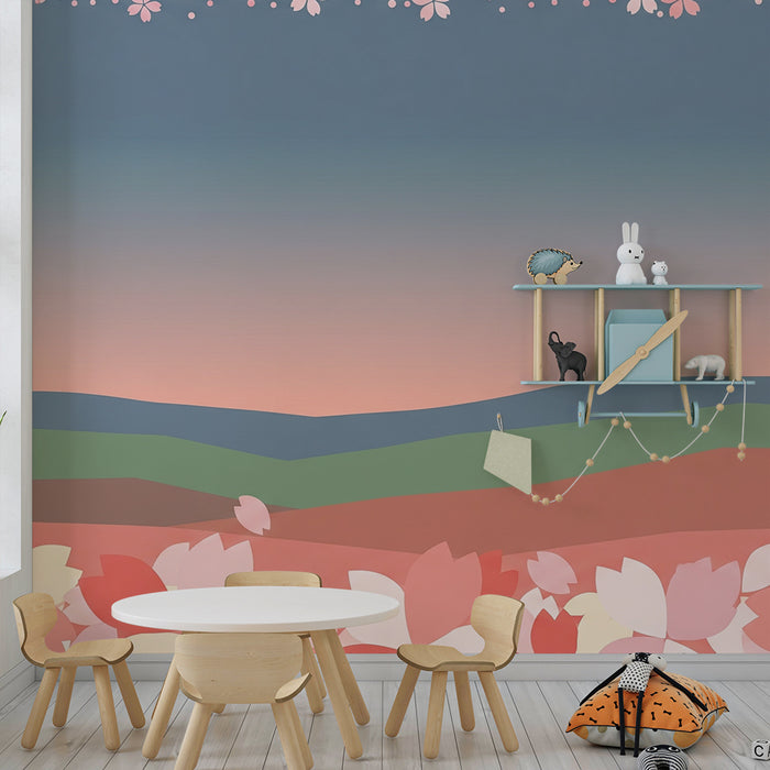 Lastenhuoneen tapetti | Vaaleanpastelliset kukkaniityt rauhoittavan taivaan alla