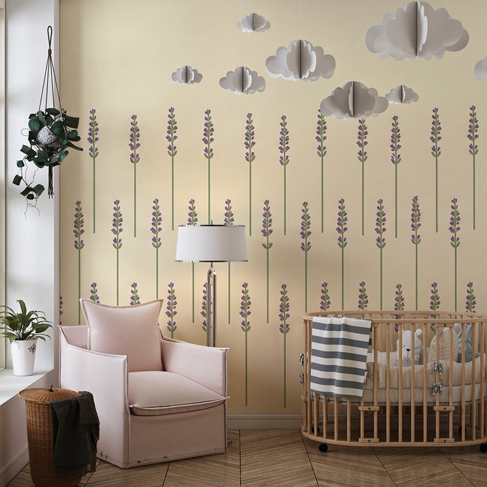 Papier de parede pre detskú izbu | Ukludňujúce levanduľové polia na svetlom pozadí